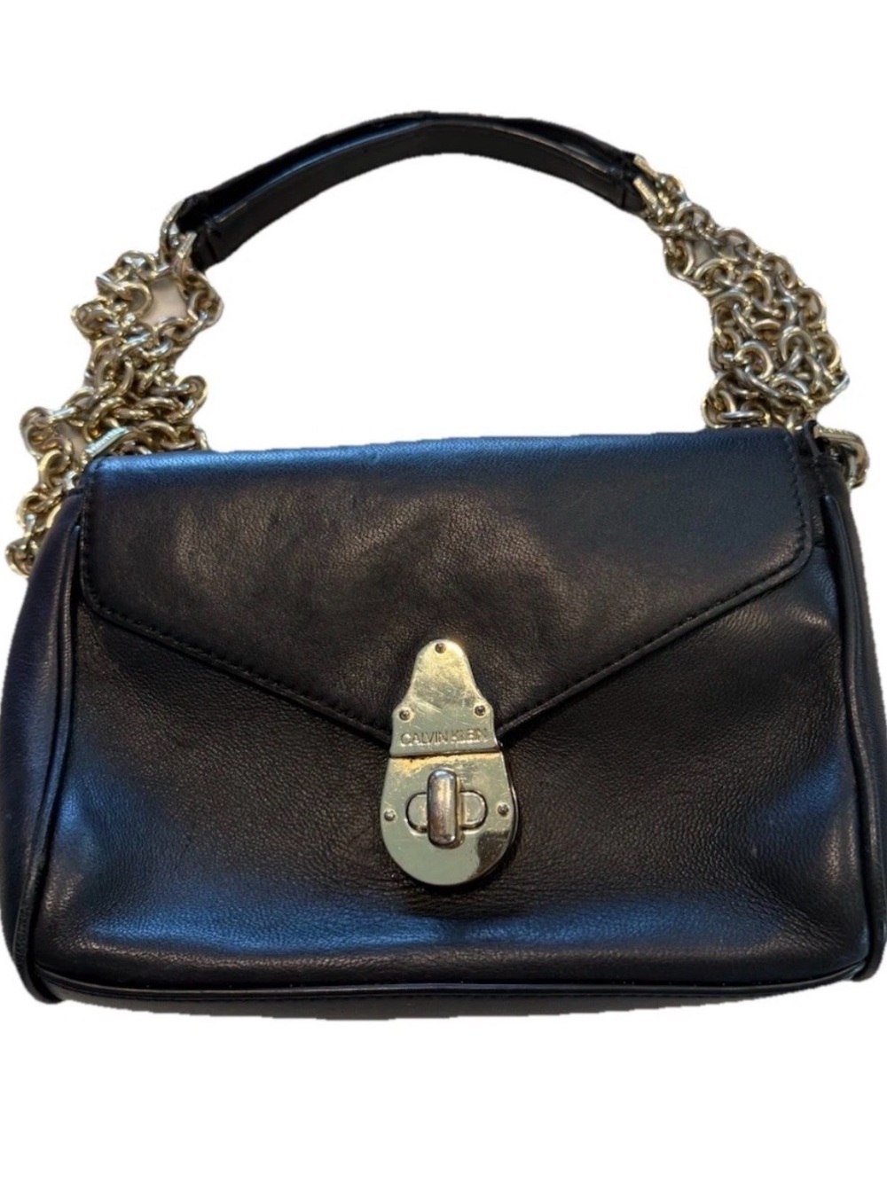 Calvin Klein Fancy Lock Soft Leather Crossbody Bag Purse Black Gold Quiet Luxury